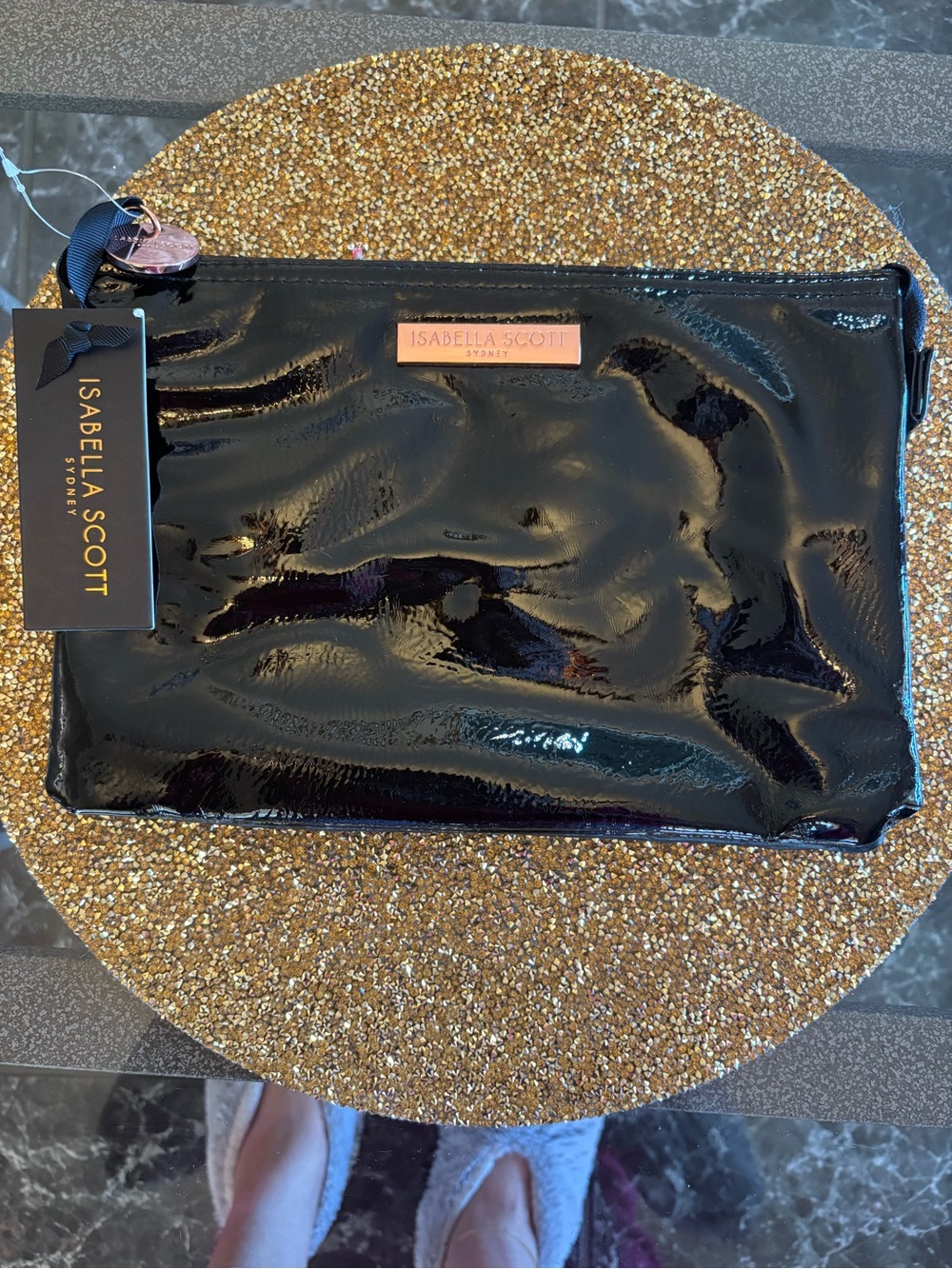 Isabella Scott NWT Black Patent Cosmetic Clutch Bag 10.5”x 7”